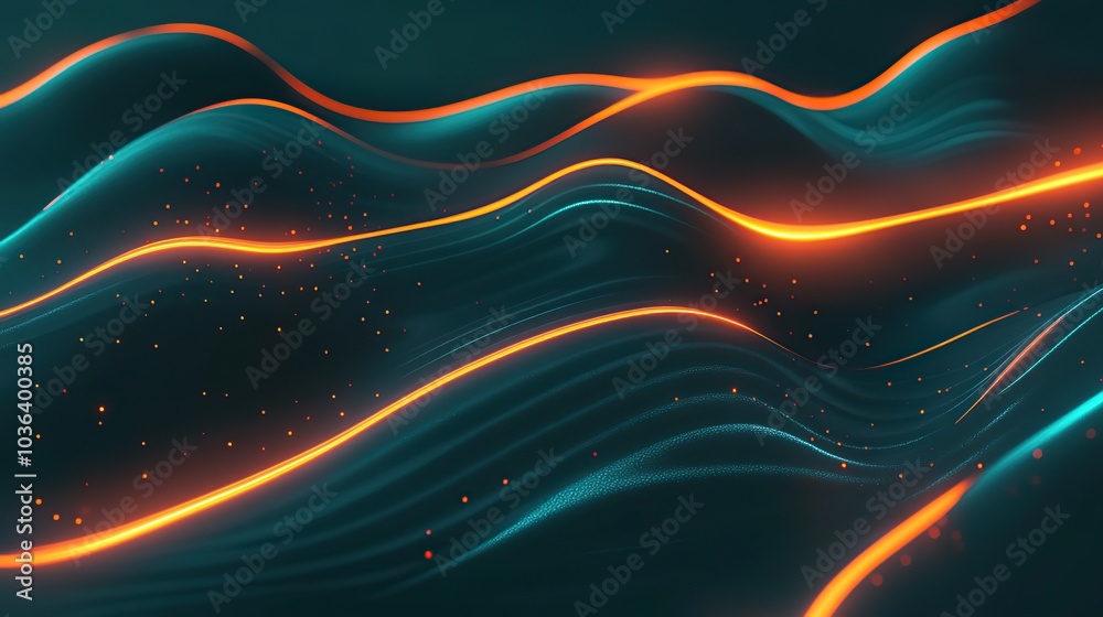 Abstract digital art of glowing orange lines and waves in dark teal background Abstract digital art of glowing orange lines and waves in dark teal background