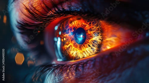 human eye zoomed in laser show iris with a big rave mirroring inside it, very detailed human eye, big rave, big laser show, big party, hardstyle, Lighting, Global Illumination, Ray Tracing Reflections photo