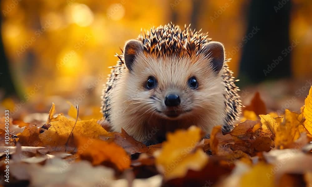 A cute hedgehog amidst colorful autumn leaves. A cute hedgehog amidst colorful autumn leaves.