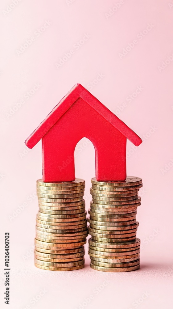Red Upward arrow on money coin stack as growth graph steps in home shape symbol,Savings, income, home investment, real estate price value, property profit concepts,the rising price of real estate. Red Upward arrow on money coin stack as growth graph steps in home shape symbol,Savings, income, home investment, real estate price value, property profit concepts,the rising price of real estate.