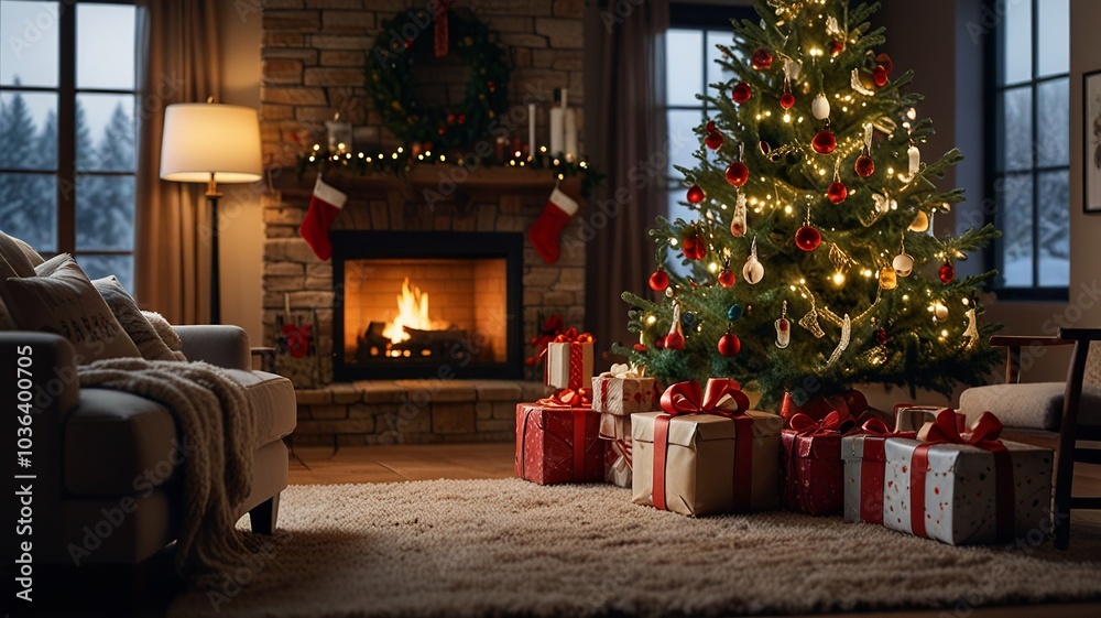 Fototapeta premium Cozy Christmas Living Room with Tree and Presents