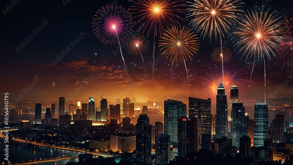 Fototapeta premium Vibrant Cityscape Fireworks Celebration at Night