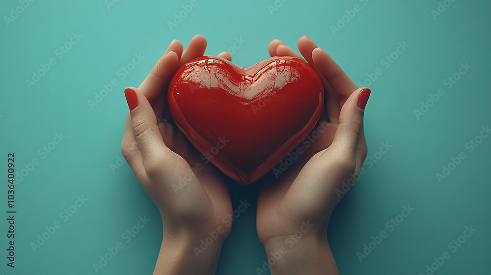 A heart held in hands against a mint green background, perfect for themes of love, healthcare, and mindfulness, ideal for World Mental Health Day promotions. A heart held in hands against a mint green background, perfect for themes of love, healthcare, and mindfulness, ideal for World Mental Health Day promotions.