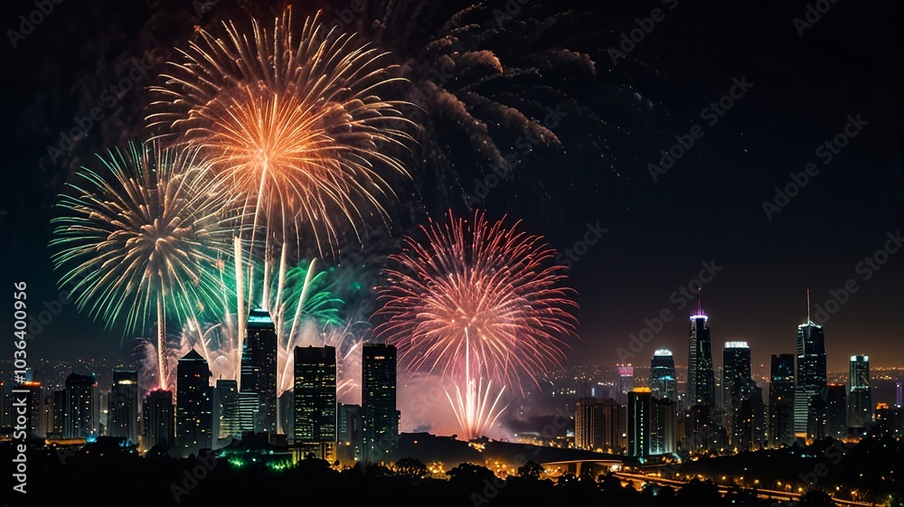 Naklejka premium Vibrant Fireworks Display Over Cityscape at Night