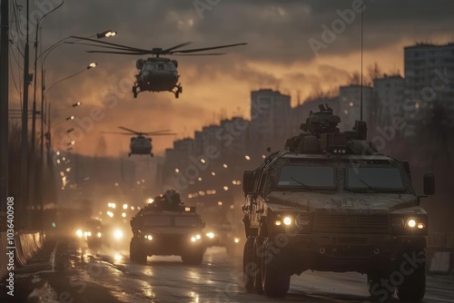 Military convoy and helicopters move through urban streets at sunset, showcasing a powerful display of modern military presence.