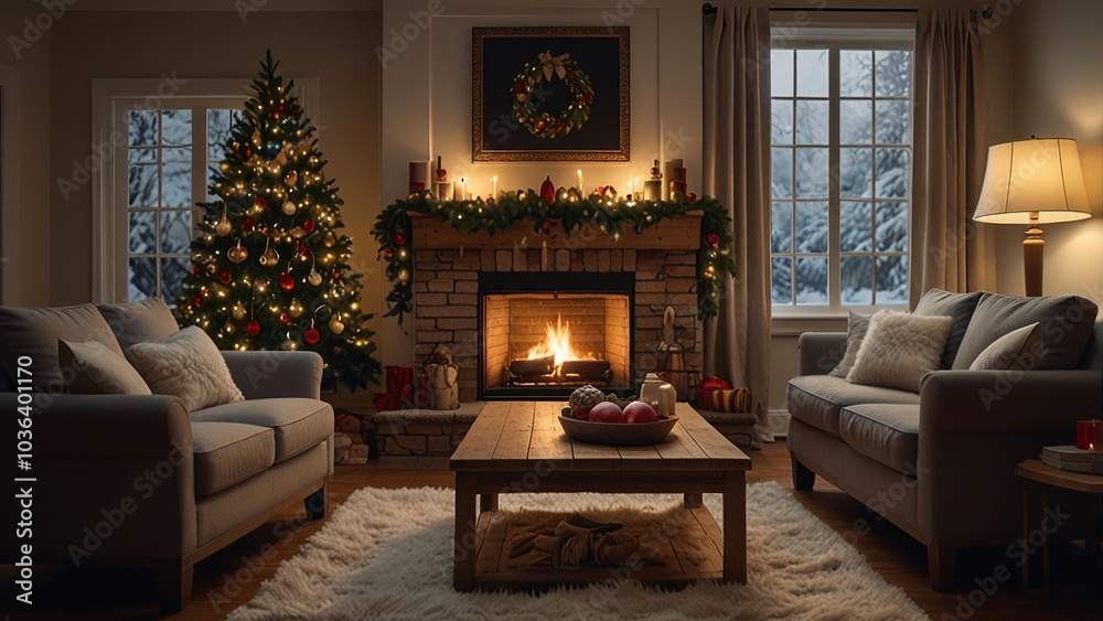 Fototapeta premium Cozy Christmas Living Room with Tree and Fireplace