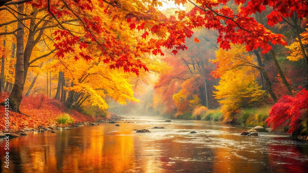 Fototapeta premium A Serene River Meandering Through a Canopy of Autumnal Hues, Reflecting the Vibrant Colors of Nature's Palette