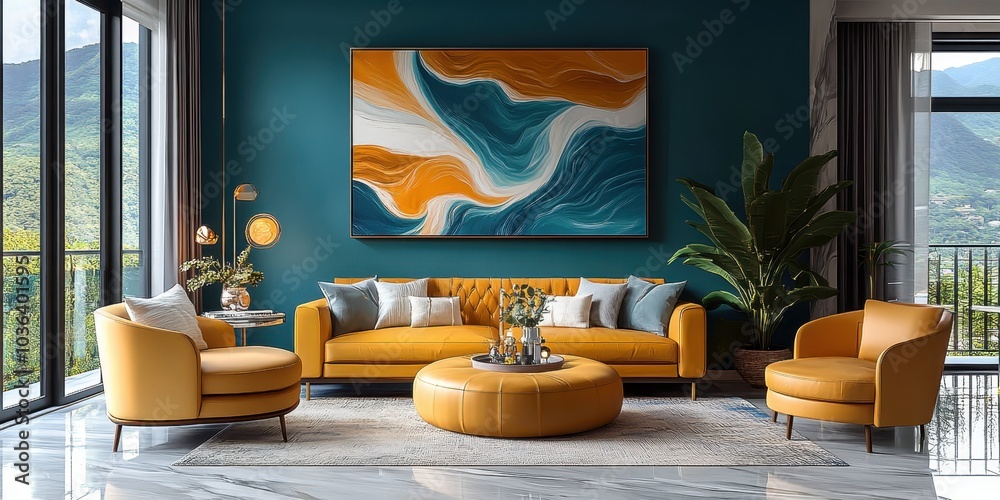 custom made wallpaper toronto digitalmodern luxurious living room, teal blue walls, large abstract artwork with orange and blue swirls, mustard yellow leather sofa, matching armchair, round ottoman, potted palm plant, floor-to-ceiling wi