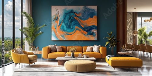 Wallpaper Mural modern luxurious living room, teal blue walls, large abstract artwork with orange and blue swirls, mustard yellow leather sofa, matching armchair, round ottoman, potted palm plant, floor-to-ceiling wi Torontodigital.ca