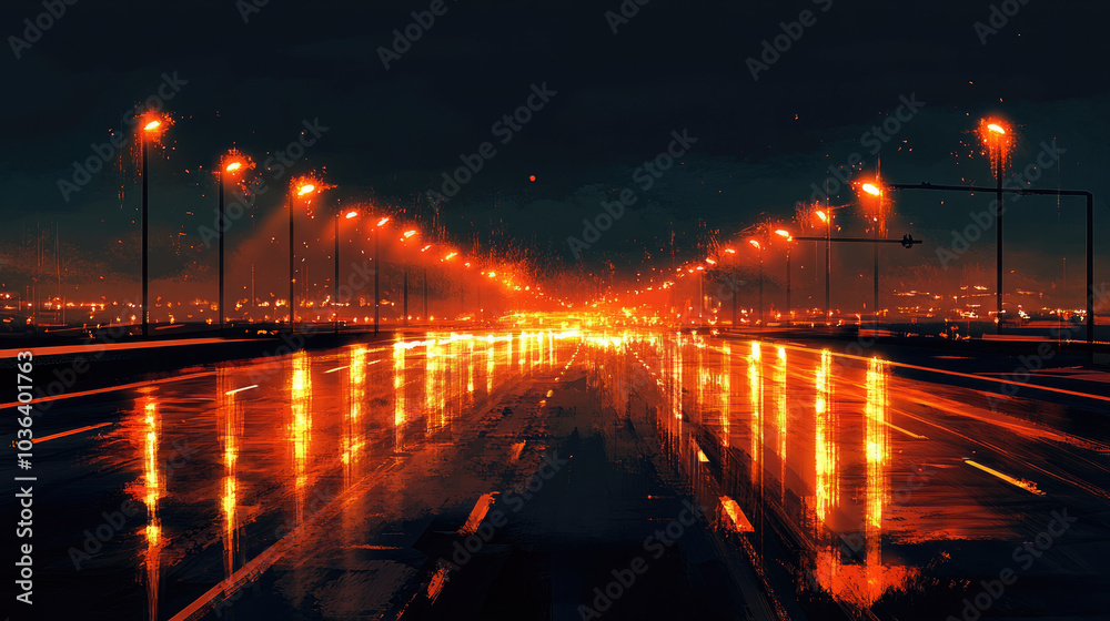 A deserted highway at night, lit by rows of streetlights. The soft orange glow from the lights reflects on the wet asphalt, giving the scene a calm and reflective mood under the dark sky. A deserted highway at night, lit by rows of streetlights. The soft orange glow from the lights reflects on the wet asphalt, giving the scene a calm and reflective mood under the dark sky.