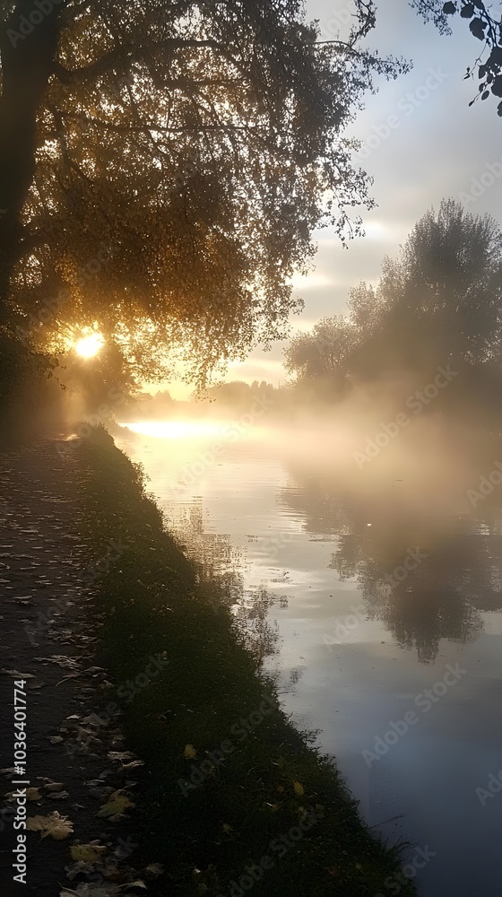 34. A tranquil riverside at sunrise, mist hovering over the water and trees lining the banks 34. A tranquil riverside at sunrise, mist hovering over the water and trees lining the banks