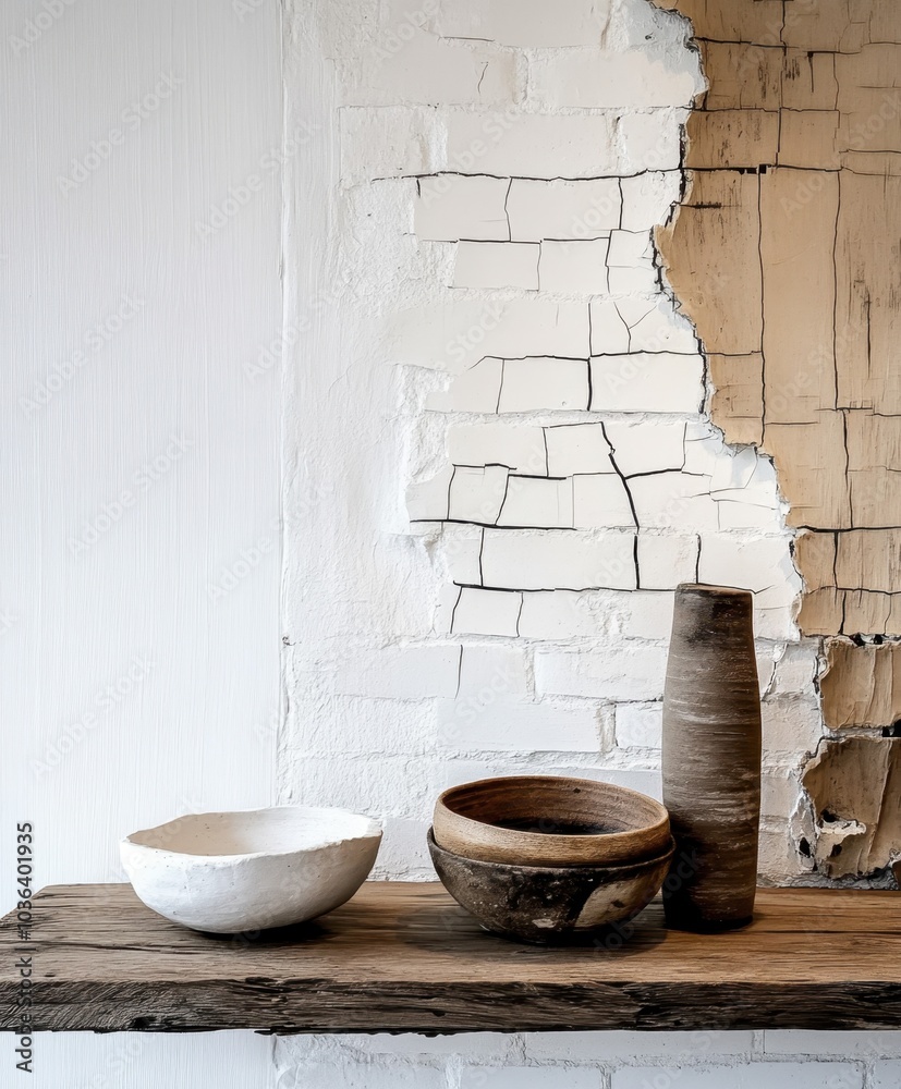 Textured white brick wall, cracked paint layers, rustic wooden shelf, minimalist ceramic bowls, earthy tones, industrial chic, wabi-sabi aesthetic, peeling texture, contrast of materials, architectura Textured white brick wall, cracked paint layers, rustic wooden shelf, minimalist ceramic bowls, earthy tones, industrial chic, wabi-sabi aesthetic, peeling texture, contrast of materials, architectura