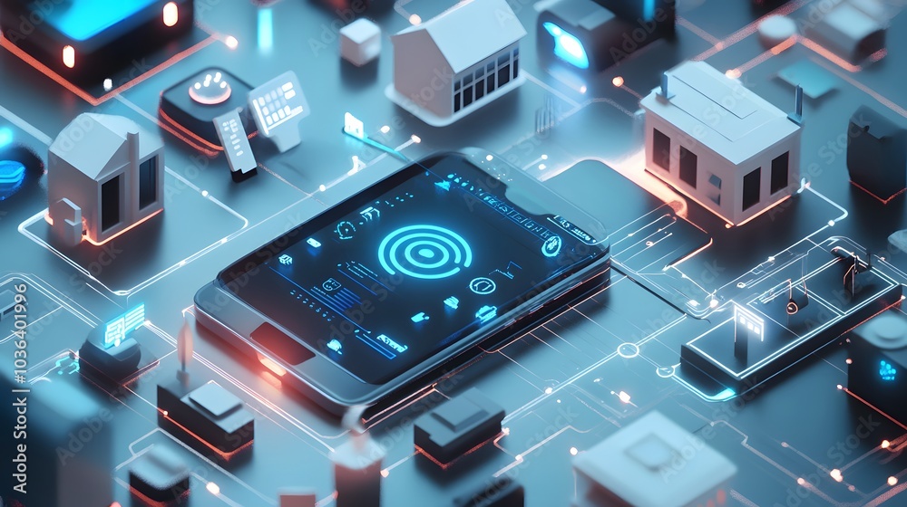 Tech devices connected to each other by mobile phone. Tech devices connected to each other by mobile phone.