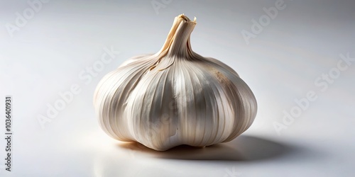 A solitary bulb of garlic, its papery skin revealing the promise of pungent flavor, rests on a crisp white backdrop. photo