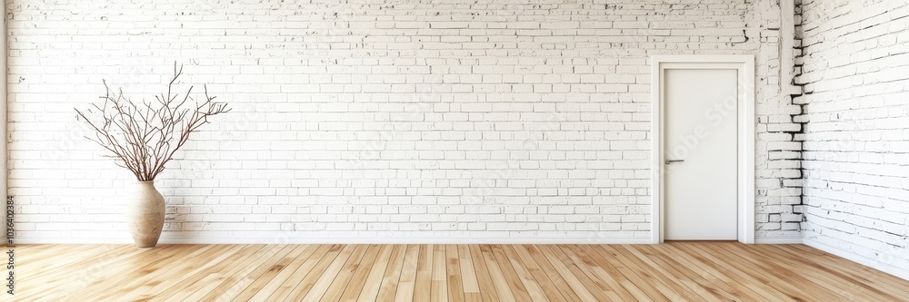 Minimalist interior, bright sunlit room, white brick walls, wooden floor, bare tree in vase, large blank canvas, empty space, modern design, clean aesthetics, natural light, shadows, simplicity, zen a Minimalist interior, bright sunlit room, white brick walls, wooden floor, bare tree in vase, large blank canvas, empty space, modern design, clean aesthetics, natural light, shadows, simplicity, zen a