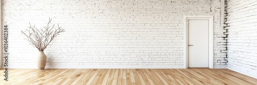 Minimalist interior, bright sunlit room, white brick walls, wooden floor, bare tree in vase, large blank canvas, empty space, modern design, clean aesthetics, natural light, shadows, simplicity, zen a