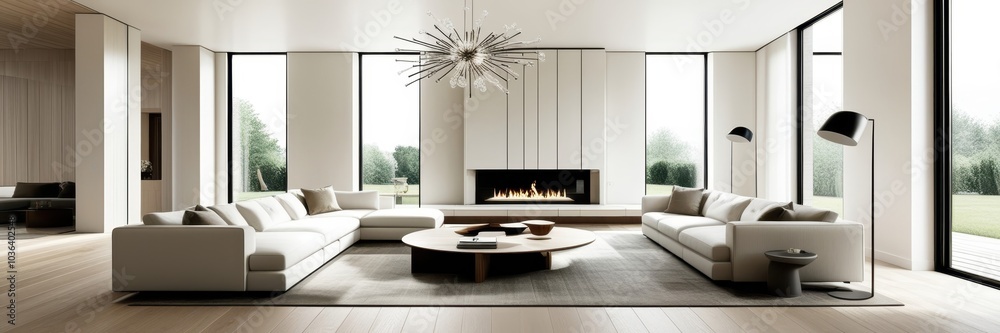 Minimalist luxurious living room, spacious interior, floor-to-ceiling windows, natural light, white walls, wooden flooring, modern white sectional sofa, abstract chandelier, contemporary fireplace, ne Minimalist luxurious living room, spacious interior, floor-to-ceiling windows, natural light, white walls, wooden flooring, modern white sectional sofa, abstract chandelier, contemporary fireplace, ne