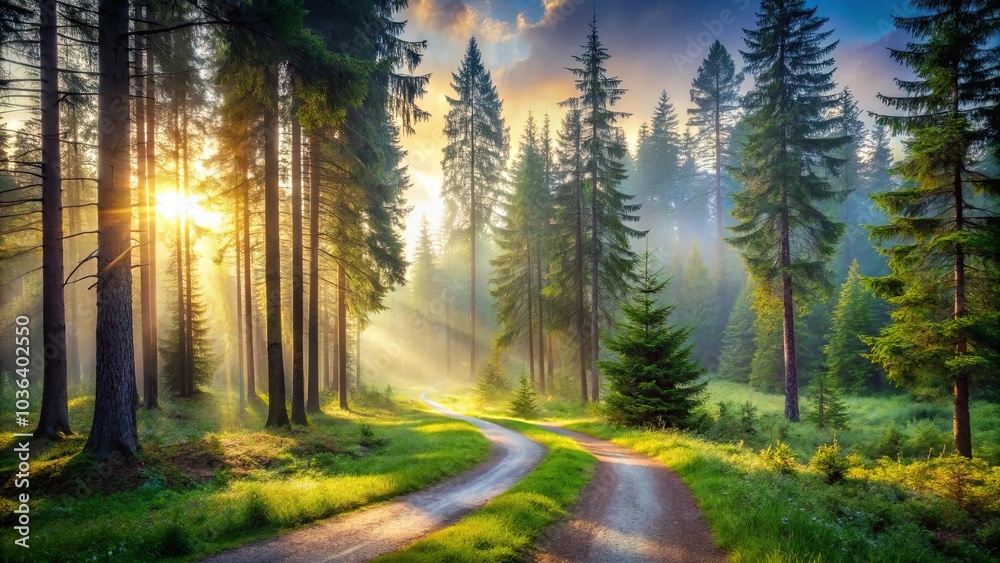 Obraz premium A sunlit path winds through a misty forest, dappled with golden rays of light, promising an adventure into the unknown.