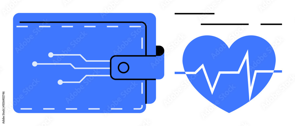 A blue wallet with circuit lines and a blue heart with an ECG pulse. Ideal for technology, finance, health, digital transformation, and secure payments. Clean, minimalistic, modern style A blue wallet with circuit lines and a blue heart with an ECG pulse. Ideal for technology, finance, health, digital transformation, and secure payments. Clean, minimalistic, modern style
