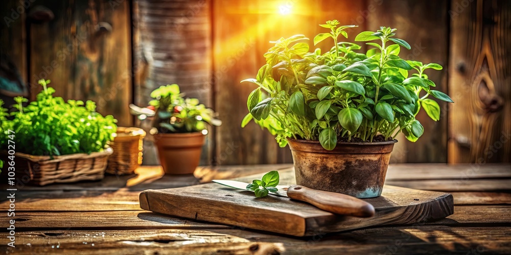 A Freshly Harvested Basil Plant in a Rustic Pot, Ready for Use in a Culinary Masterpiece A Freshly Harvested Basil Plant in a Rustic Pot, Ready for Use in a Culinary Masterpiece