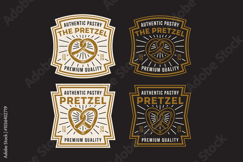 pretzel baked pastry with heart and love shape retro badge logo design for chef, kitchener and pastry cook. pretzel bread emblem logo collection for bakery and restaurant