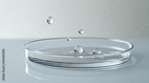 A few transparent serum drops suspended on the surface of a petri dish. The minimalistic arrangement and clean, clear liquid evoke the process of scientific discovery.