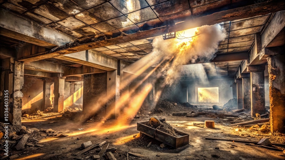 Sunbeams pierce through a collapsed concrete structure, illuminating the dust and debris in a haunting display of nature's resilience Sunbeams pierce through a collapsed concrete structure, illuminating the dust and debris in a haunting display of nature's resilience