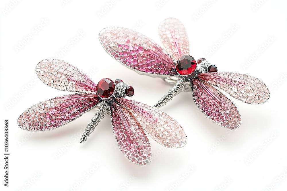 Fototapeta premium A cute pair of dragonflies made out of pink and red crystals, on a white background