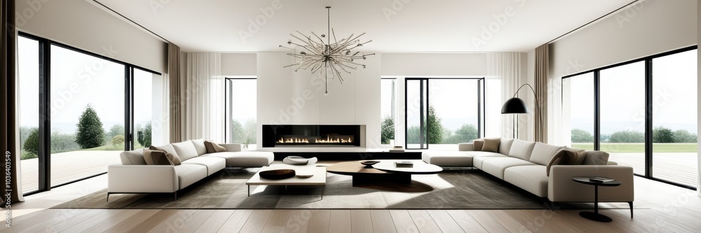 Minimalist luxurious living room, spacious interior, floor-to-ceiling windows, natural light, white walls, wooden flooring, modern white sectional sofa, abstract chandelier, contemporary fireplace, ne Minimalist luxurious living room, spacious interior, floor-to-ceiling windows, natural light, white walls, wooden flooring, modern white sectional sofa, abstract chandelier, contemporary fireplace, ne