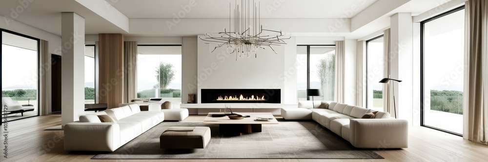 Minimalist luxurious living room, spacious interior, floor-to-ceiling windows, natural light, white walls, wooden flooring, modern white sectional sofa, abstract chandelier, contemporary fireplace, ne Minimalist luxurious living room, spacious interior, floor-to-ceiling windows, natural light, white walls, wooden flooring, modern white sectional sofa, abstract chandelier, contemporary fireplace, ne