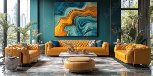 Wallpaper Mural modern luxurious living room, teal blue walls, large abstract artwork with orange and blue swirls, mustard yellow leather sofa, matching armchair, round ottoman, potted palm plant, floor-to-ceiling wi Torontodigital.ca