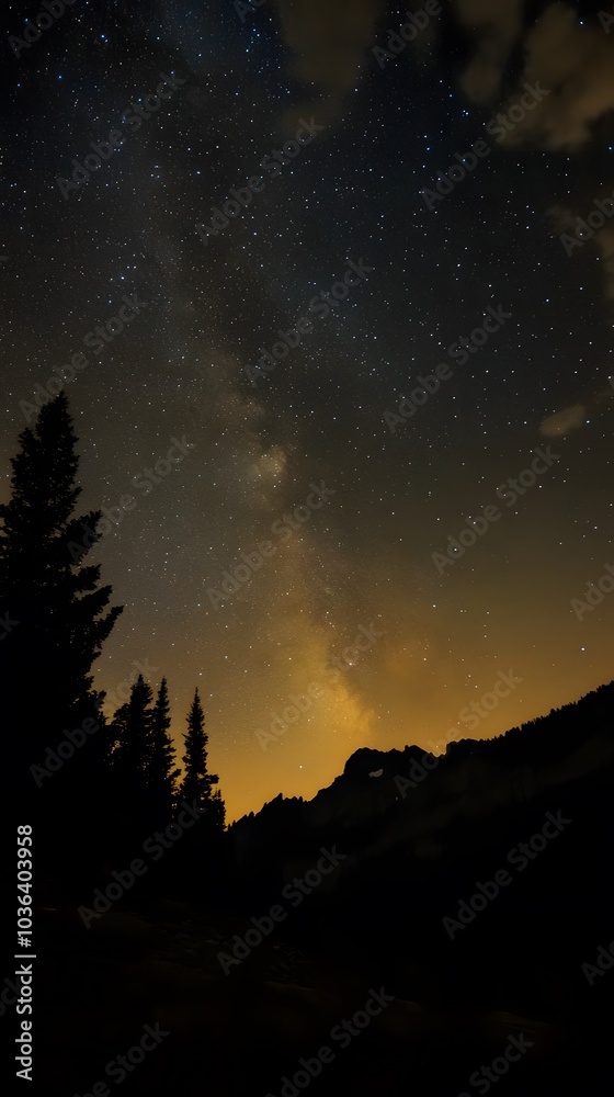 55. A dramatic night sky filled with stars and a silhouette of a mountain range 55. A dramatic night sky filled with stars and a silhouette of a mountain range