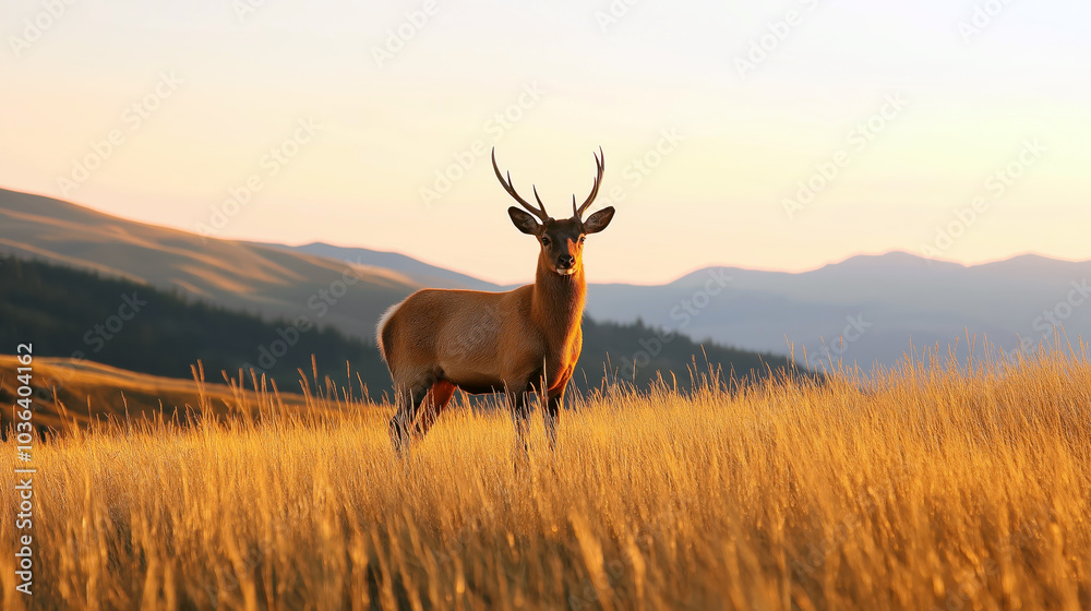 Fototapeta premium Majestic Deer Standing in Golden Field at Sunset with Mountain Background, Concept of Wildlife and Nature