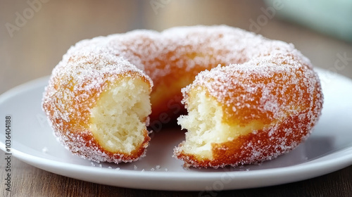 A freshly baked donut covered in sugar resting on a white plate, with a bite taken out to reveal the fluffy interior, evoking deliciousness --chaos