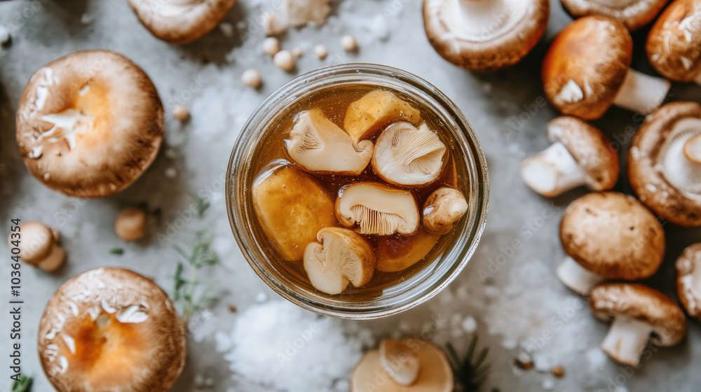 A glass jar of pickled honey mushrooms, surrounded by raw mushrooms and ingredients used for pickling, such as vinegar and salt. --chaos