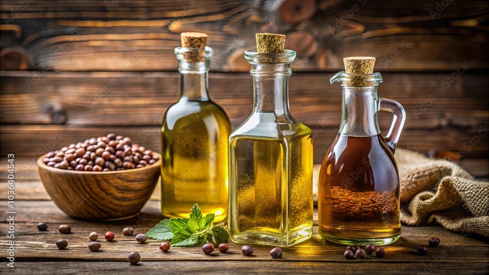 Three Glass Bottles of Golden Oil Resting on a Wooden Table Beside a Bowl of Brown Seeds and a Sprig of Green Leaves Three Glass Bottles of Golden Oil Resting on a Wooden Table Beside a Bowl of Brown Seeds and a Sprig of Green Leaves