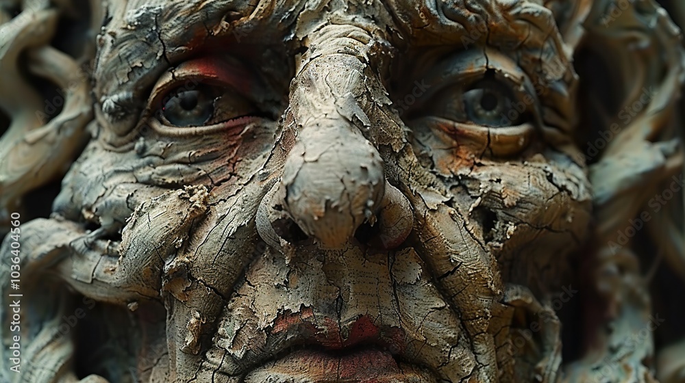 Close-Up of a Sculptural Face with Intricate Detail Close-Up of a Sculptural Face with Intricate Detail