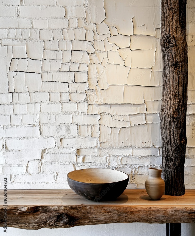 Textured white brick wall, cracked paint layers, rustic wooden shelf, minimalist ceramic bowls, earthy tones, industrial chic, wabi-sabi aesthetic, peeling texture, contrast of materials, architectura Textured white brick wall, cracked paint layers, rustic wooden shelf, minimalist ceramic bowls, earthy tones, industrial chic, wabi-sabi aesthetic, peeling texture, contrast of materials, architectura