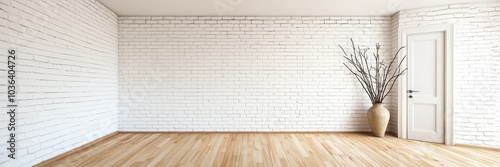 Minimalist interior, bright sunlit room, white brick walls, wooden floor, bare tree in vase, large blank canvas, empty space, modern design, clean aesthetics, natural light, shadows, simplicity, zen a