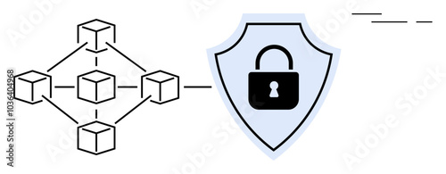 Simple representation of interconnected blocks and a shield with a lock highlights data security and blockchain. Ideal for technology, cybersecurity, data privacy, blockchain, and digital security