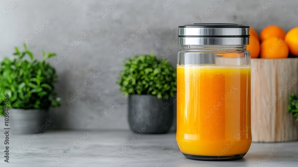 Refreshing homemade orange juice in a modern glass jar surrounded by fresh ingredients and vibrant colors for a healthy lifestyle Refreshing homemade orange juice in a modern glass jar surrounded by fresh ingredients and vibrant colors for a healthy lifestyle