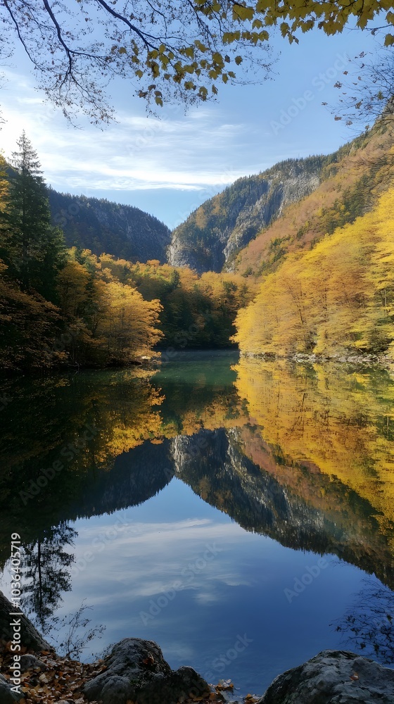 Obraz premium 74. A serene mountain landscape with a reflective lake surrounded by autumn foliage