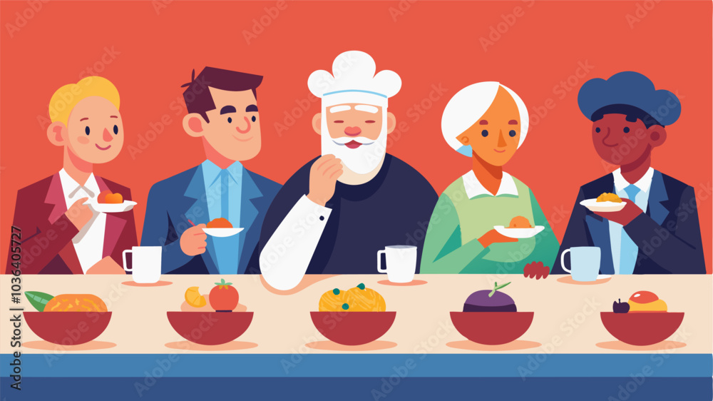 The judging panel consisting of respected members of the community carefully tasted and critiqued each dish before deciding on a winner.. Vector illustration The judging panel consisting of respected members of the community carefully tasted and critiqued each dish before deciding on a winner.. Vector illustration