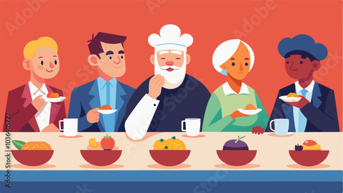 The judging panel consisting of respected members of the community carefully tasted and critiqued each dish before deciding on a winner.. Vector illustration