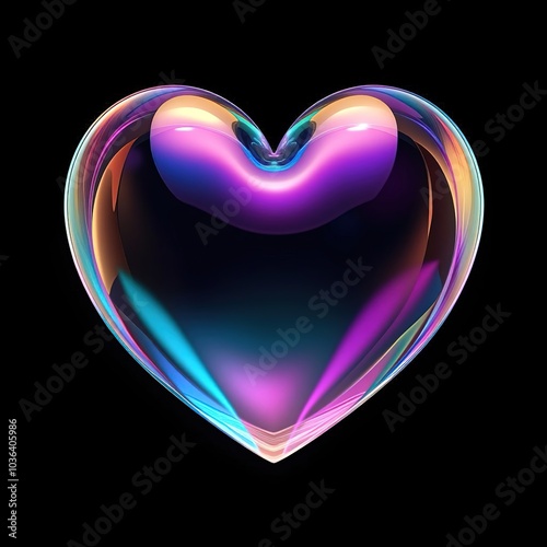 Rainbow soap bubble in the shape of a heart on a black background. Large pan.