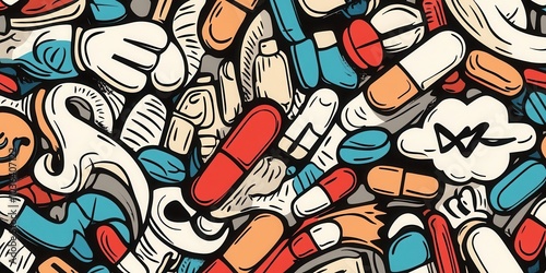 Vibrant graffiti art depicting various colorful capsules and medication with a playful, abstract style, illustrating a unique urban aesthetic.