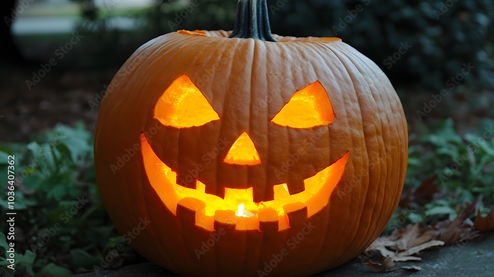 Fototapeta premium Scary jack-o'-lantern with a wicked smile, hollow eyes glowing bright orange.