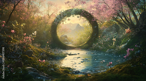 A magical portal in a lush forest with a blooming cherry blossom tree, a stream, and mountains in the distance.