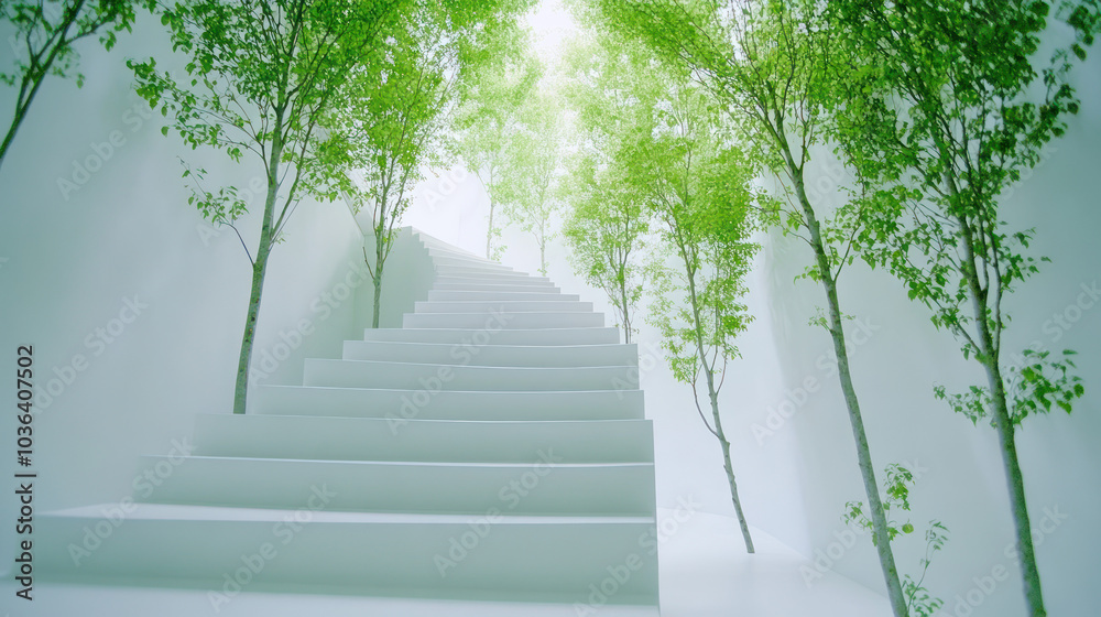 Obraz premium A modern house with trees growing inside a staircase