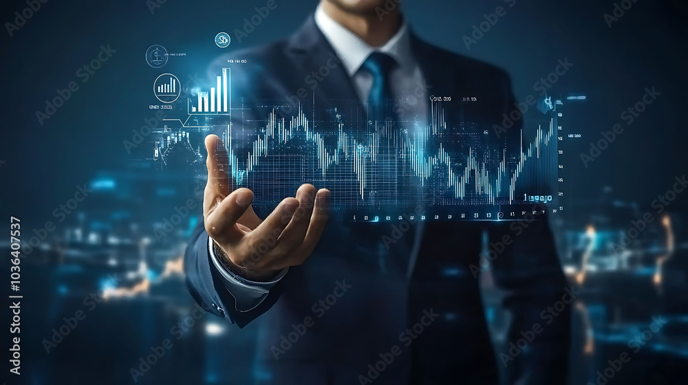 A businessman in a suit holding a glowing, transparent graph in front of him, with a blurred city background. A businessman in a suit holding a glowing, transparent graph in front of him, with a blurred city background.